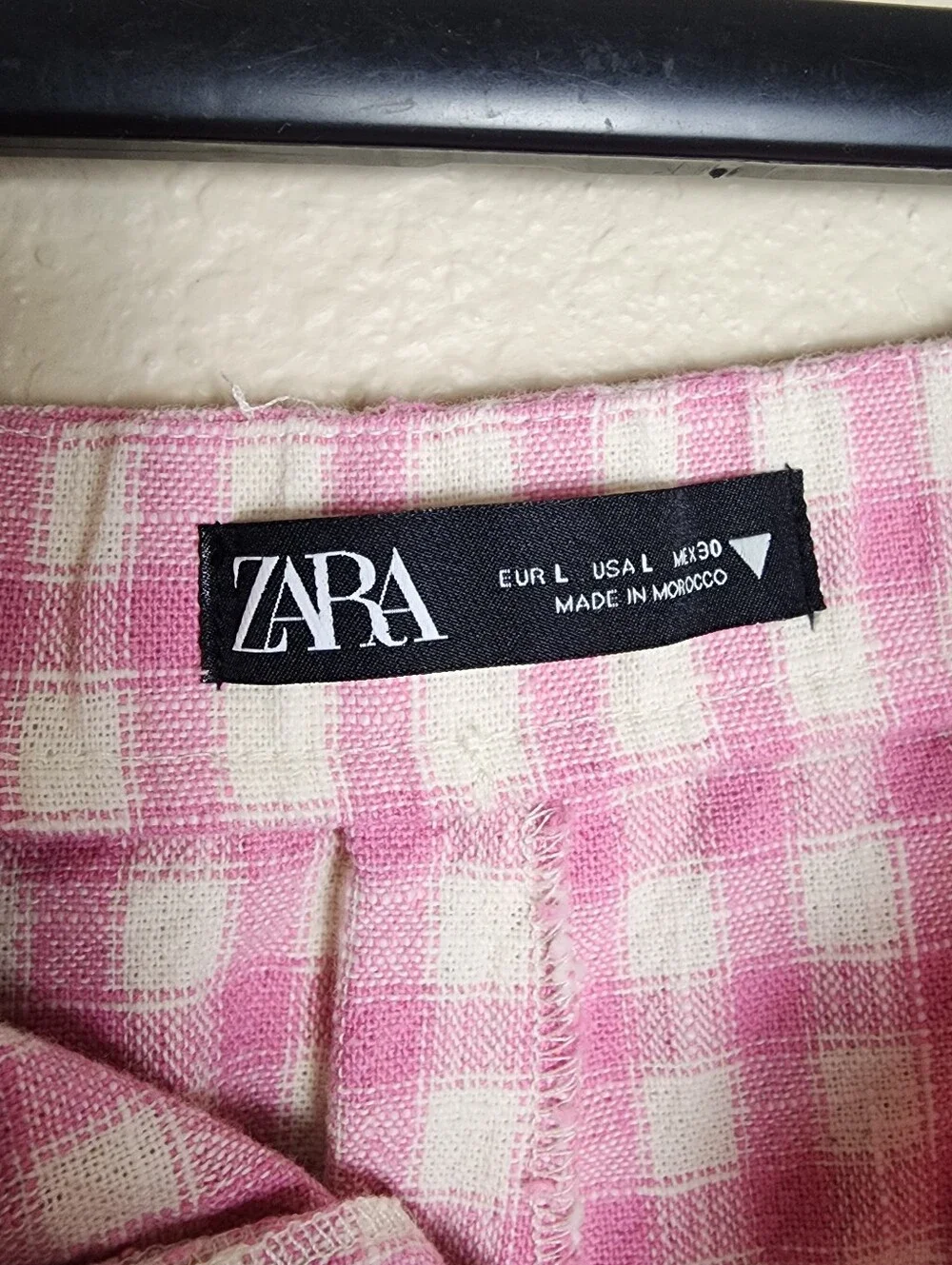 Zara Pink White Gingham Wide Leg Linen Blend Pants Women's Large